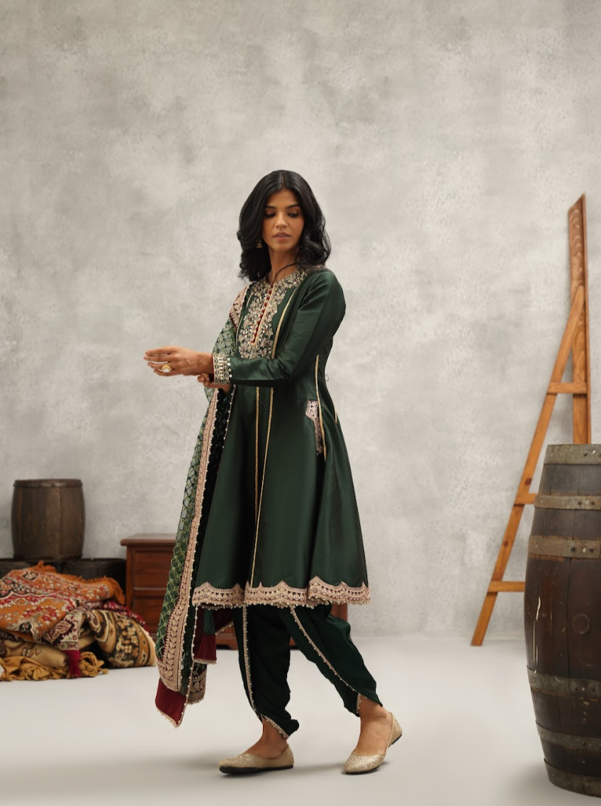 Bottle Green Anarkali and Dhoti Set