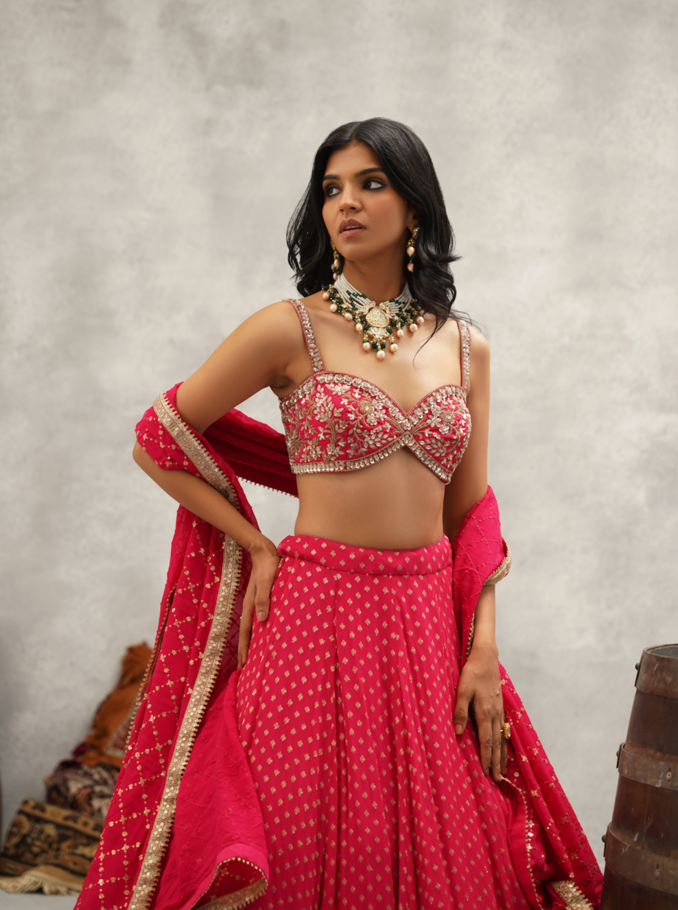 Fuchsia embroidered blouse, lehenga and dupatta set