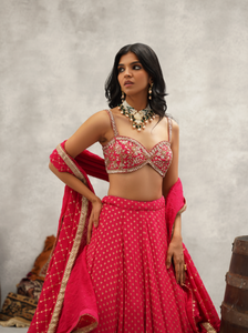 Fuchsia embroidered blouse, lehenga and dupatta set