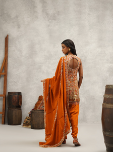 Rust orange embroidered kurti, dhoti and dupatta set