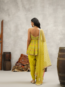 Lime green embroidered peplum, dhoti and dupatta set