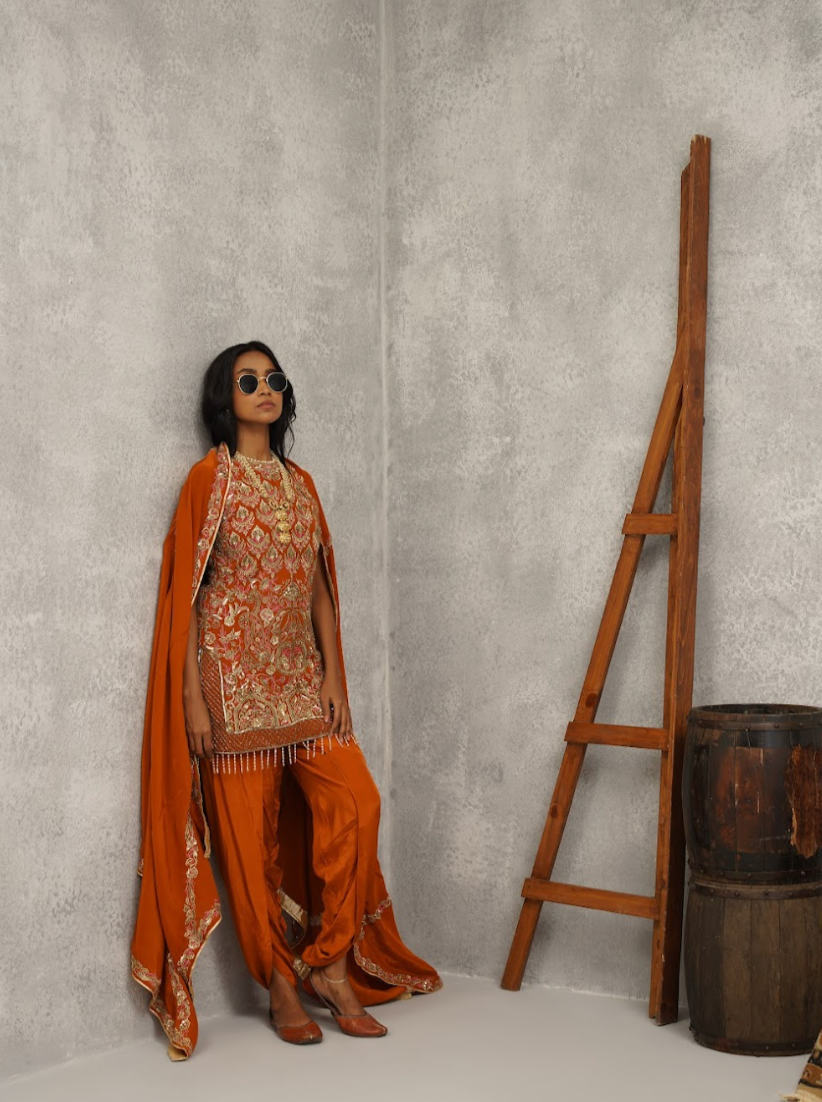 Rust orange embroidered kurti, dhoti and dupatta set