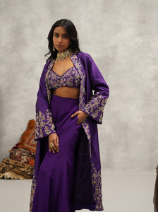 Purple embroidered jacket, crop top and sharara set