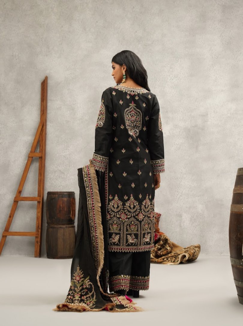 Black embroidered bustier, kurti, pant and dupatta set