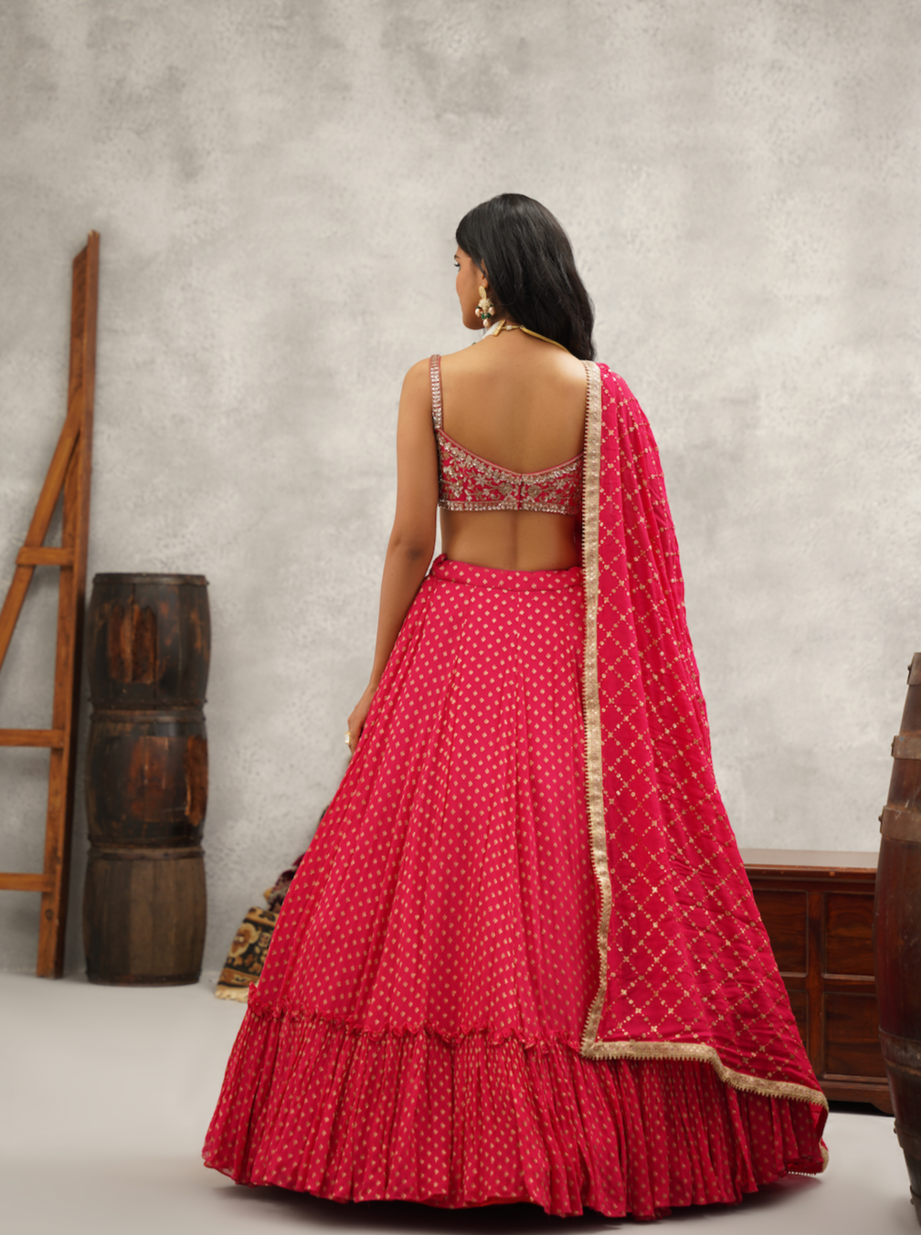 Fuchsia embroidered blouse, lehenga and dupatta set