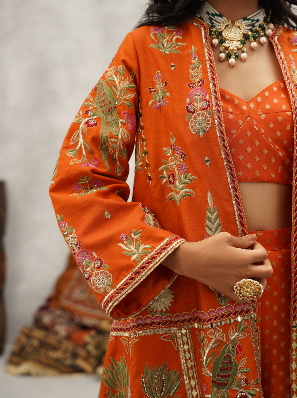 Orange embroidered Jacket, crop Top and sharara set