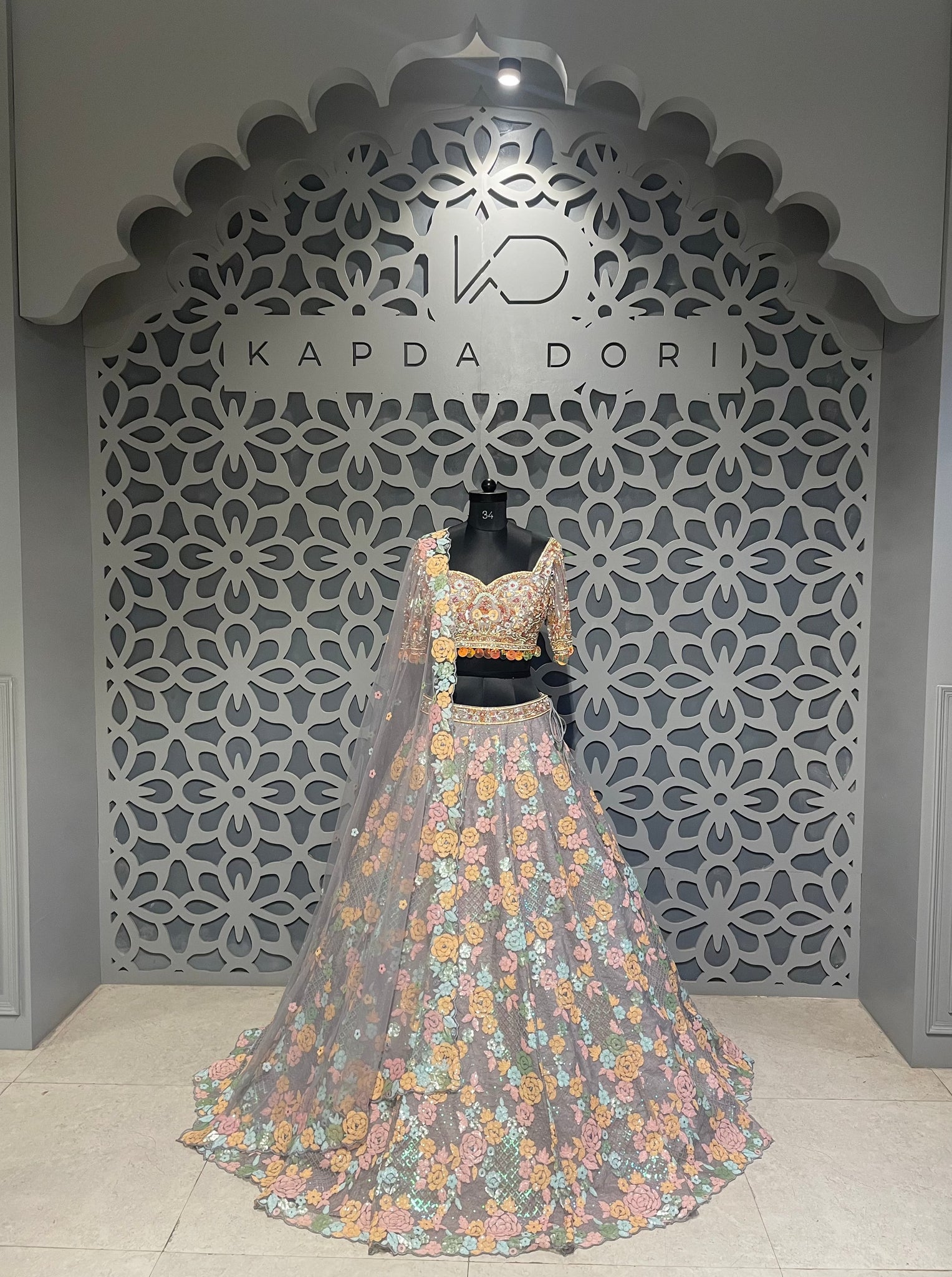 Grey multi-foral Blouse and lehenga with Dupatta