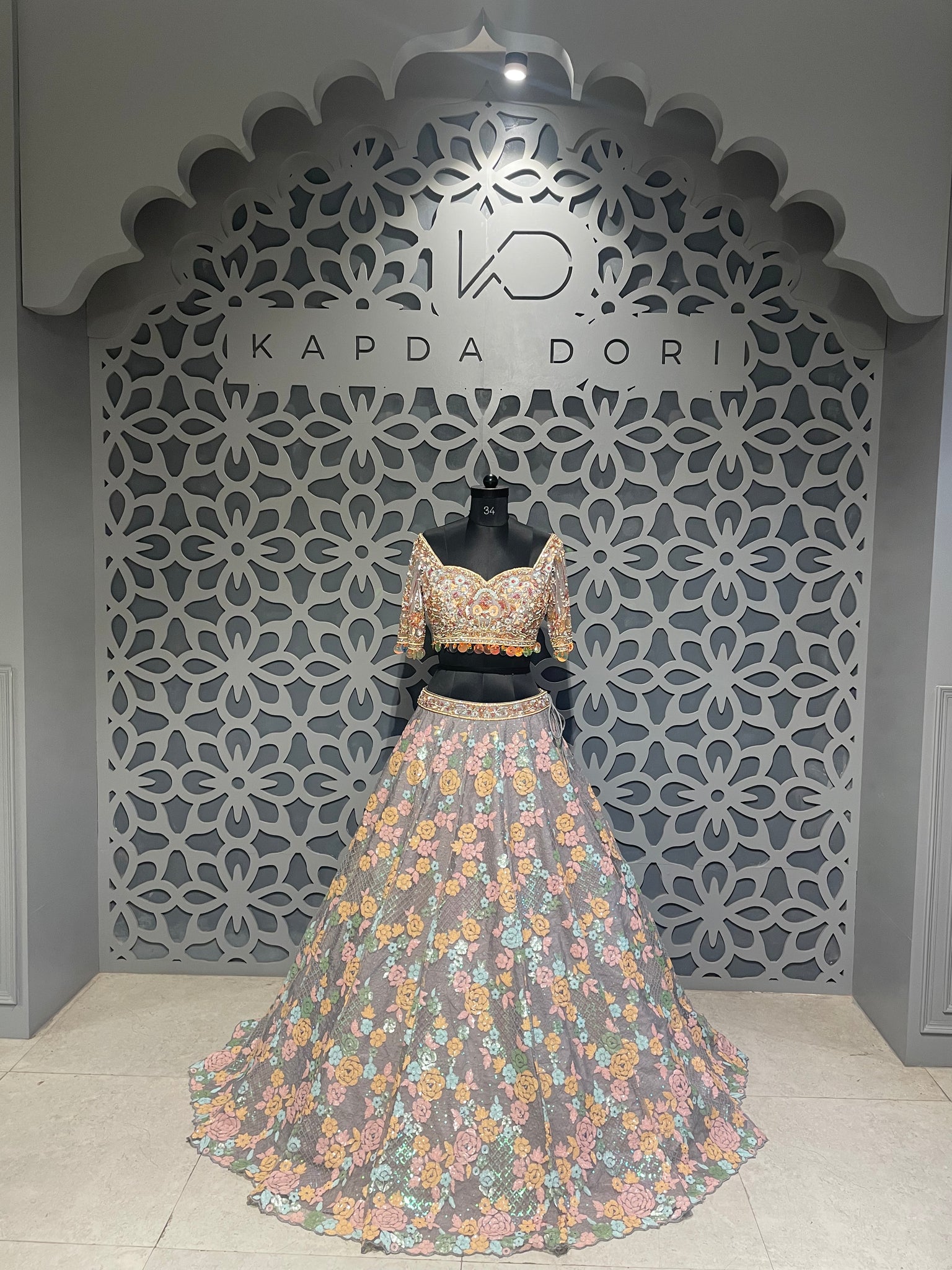 Grey multi-foral Blouse and lehenga with Dupatta