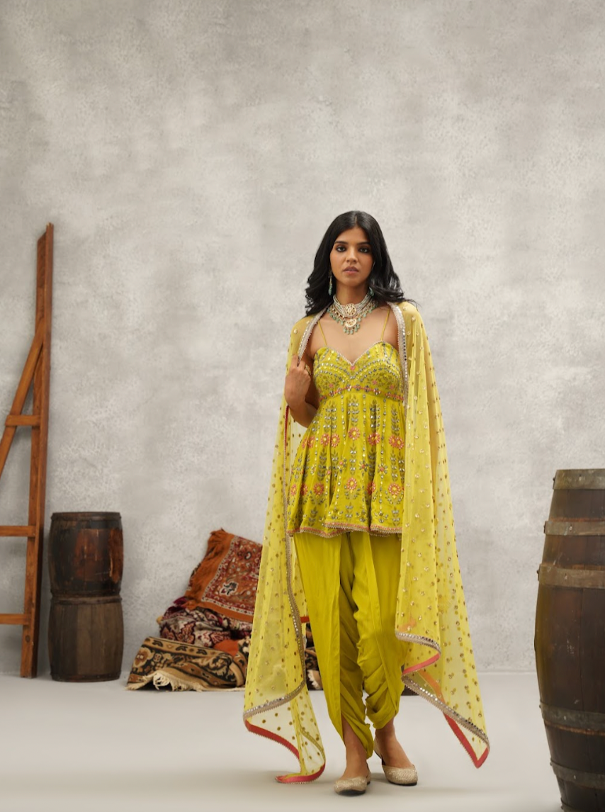 Lime green embroidered peplum, dhoti and dupatta set