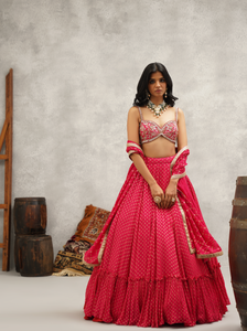 Fuchsia embroidered banarsi georgette blouse, lehenga and dupatta set