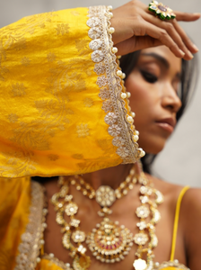 Mustard Banarsi Jacket Crop Top and Sharara Set