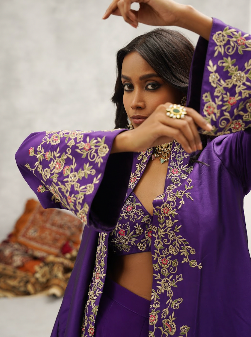 Purple embroidered jacket, crop top and sharara set