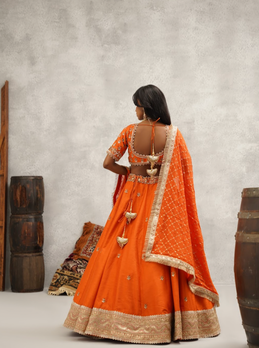 Rust orange embroidered blouse, lehenga and dupatta set