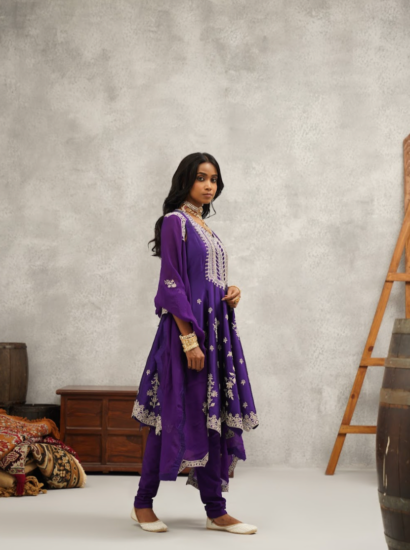 Purple Embroidered Anarkali Set