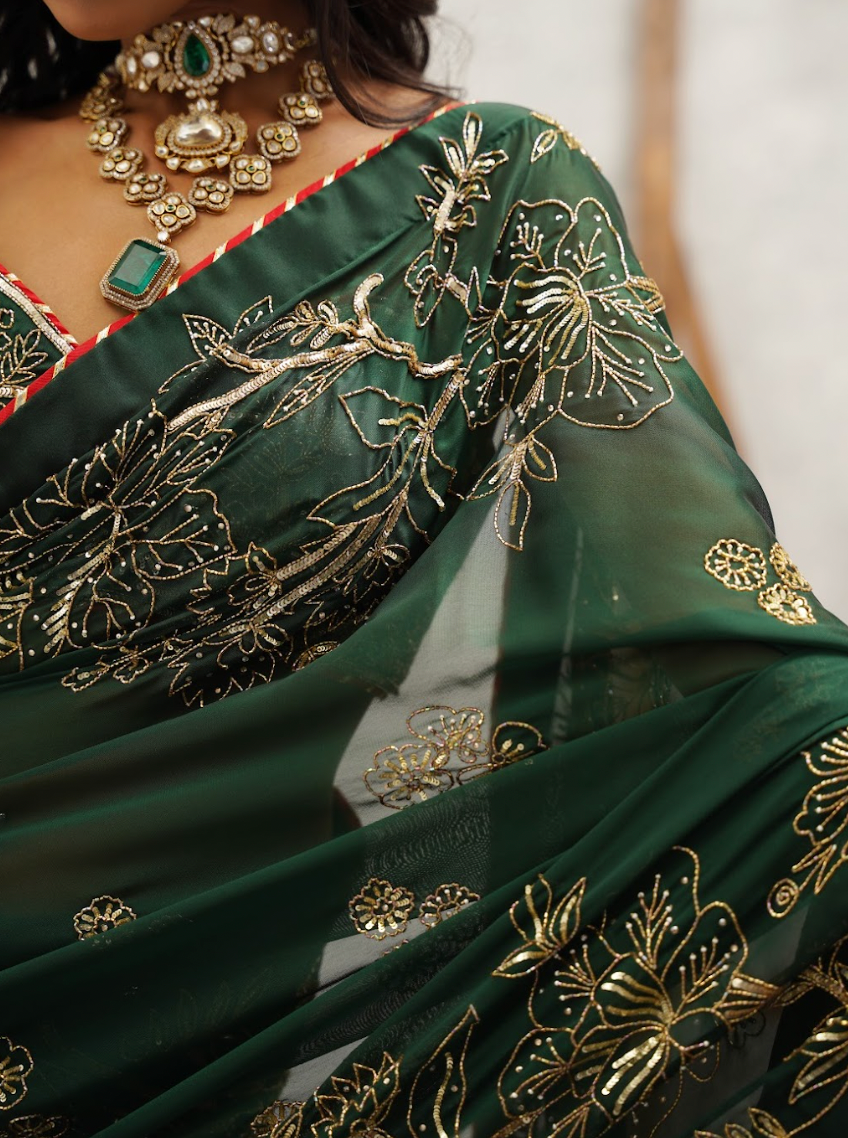 Bottle green embroidered saree and blouse set