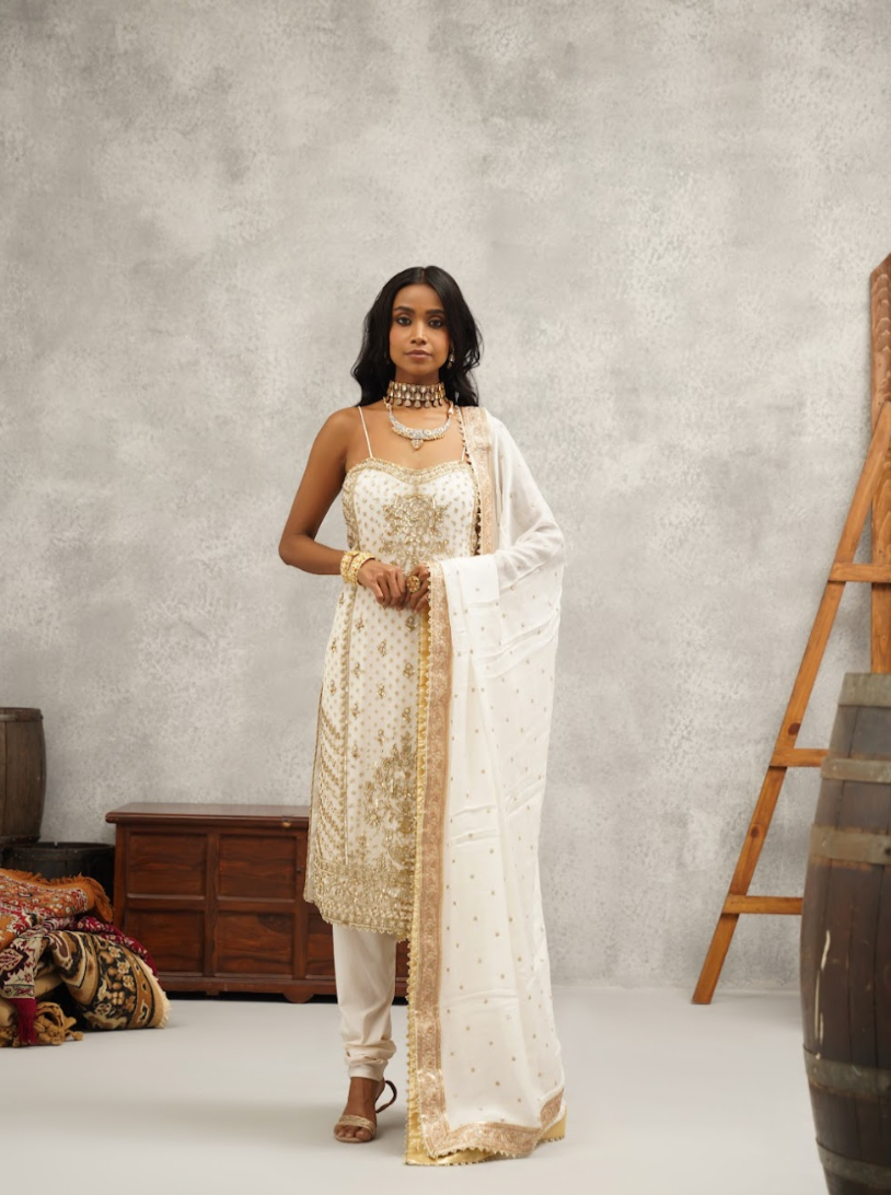 White Embroidered Kurti Churidar Set