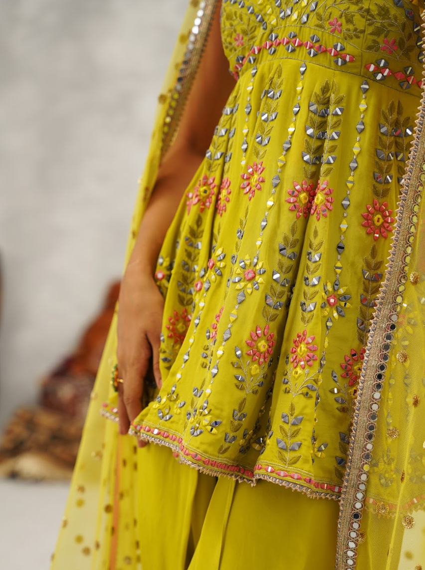 Lime green embroidered peplum, dhoti and dupatta set