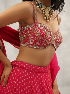 Fuchsia embroidered blouse, lehenga and dupatta set