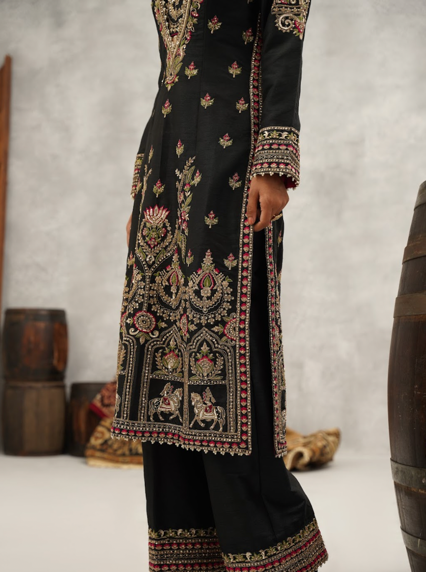 Black embroidered bustier, kurti, pant and dupatta set