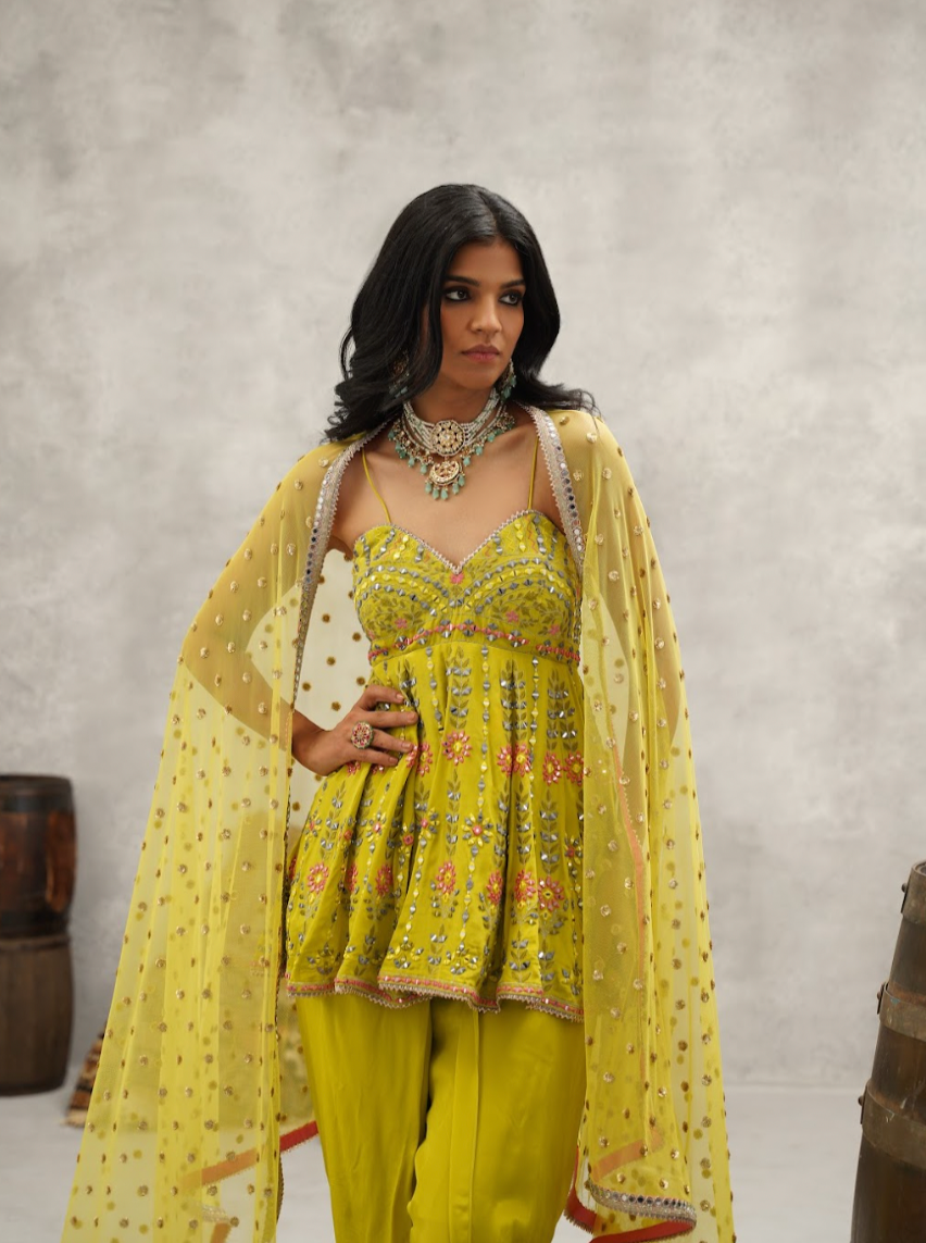 Lime green embroidered peplum, dhoti and dupatta set