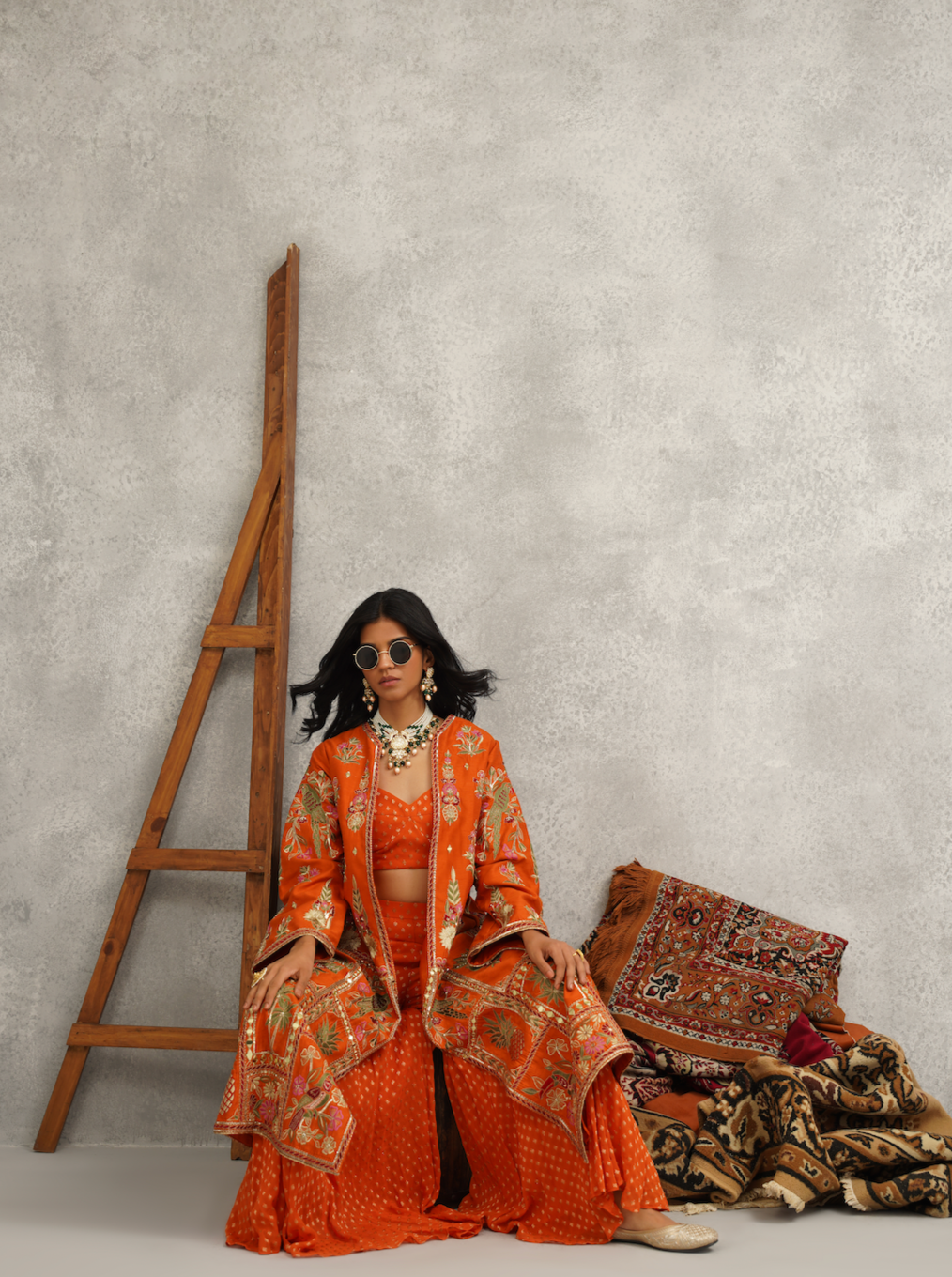 Rust orange embroidered jacket, crop top and sharara set