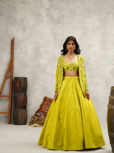 Lime Green mirror work blouse, jacket and lehenga set