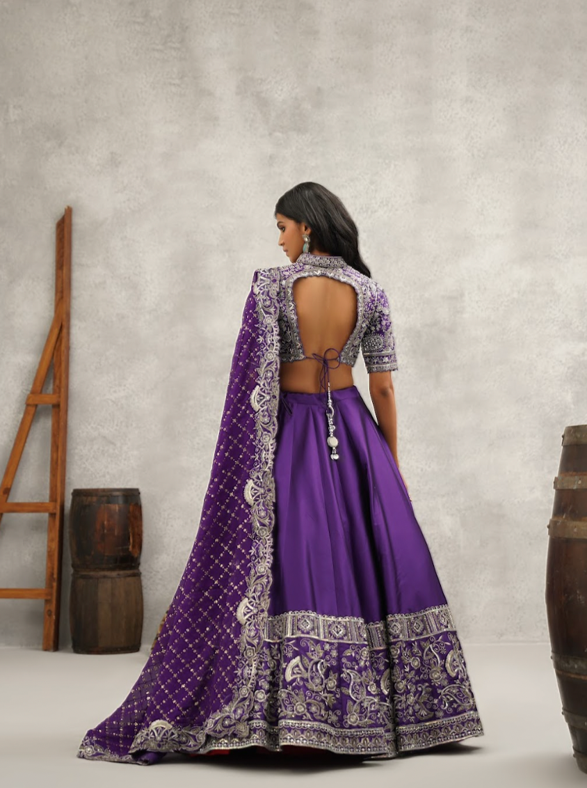 Purple Silk embroidered blouse, lehenga and dupatta set