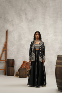 Black Embroidered Jacket, Crop Top and Sharara