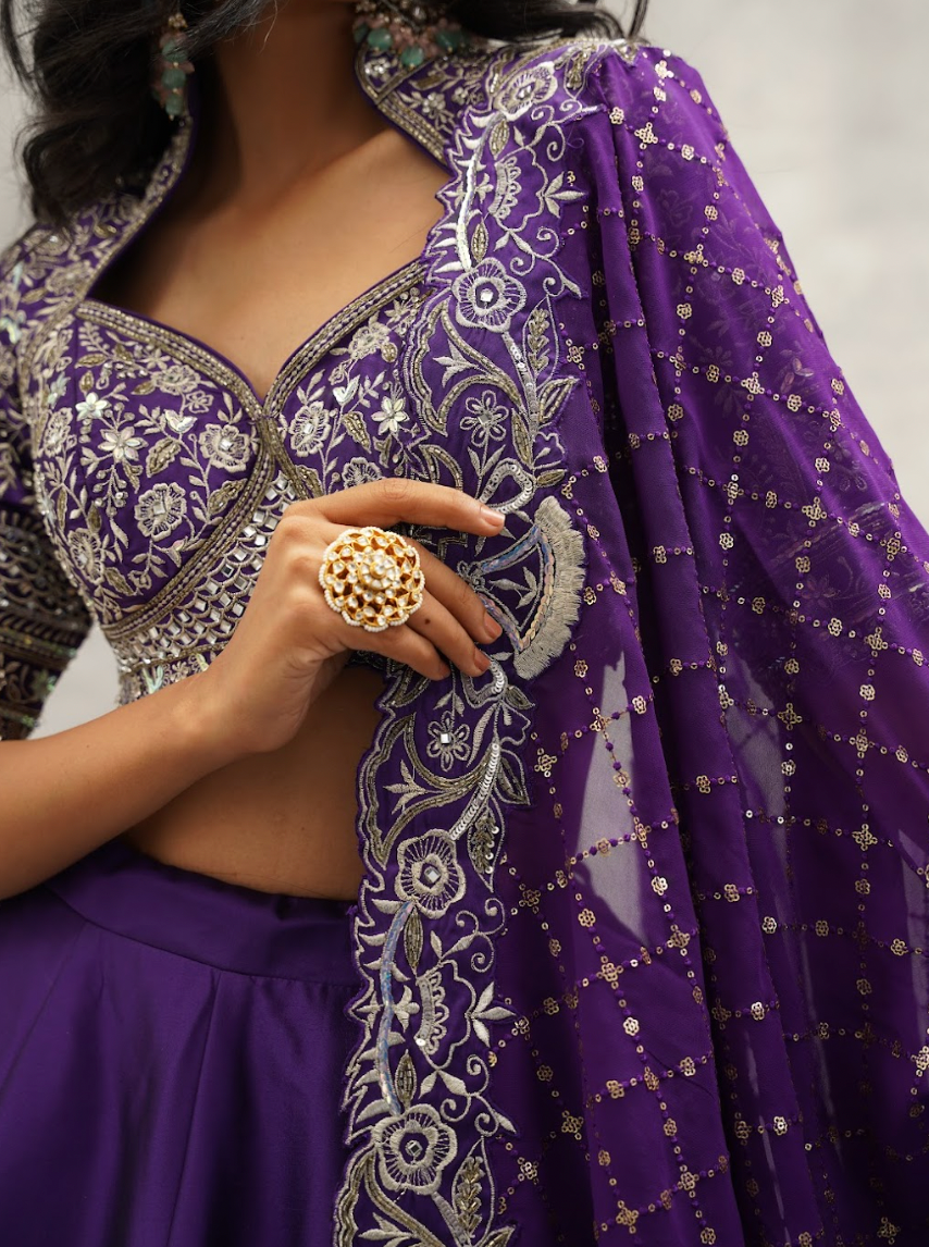 Purple embroidered blouse, lehenga and dupatta set