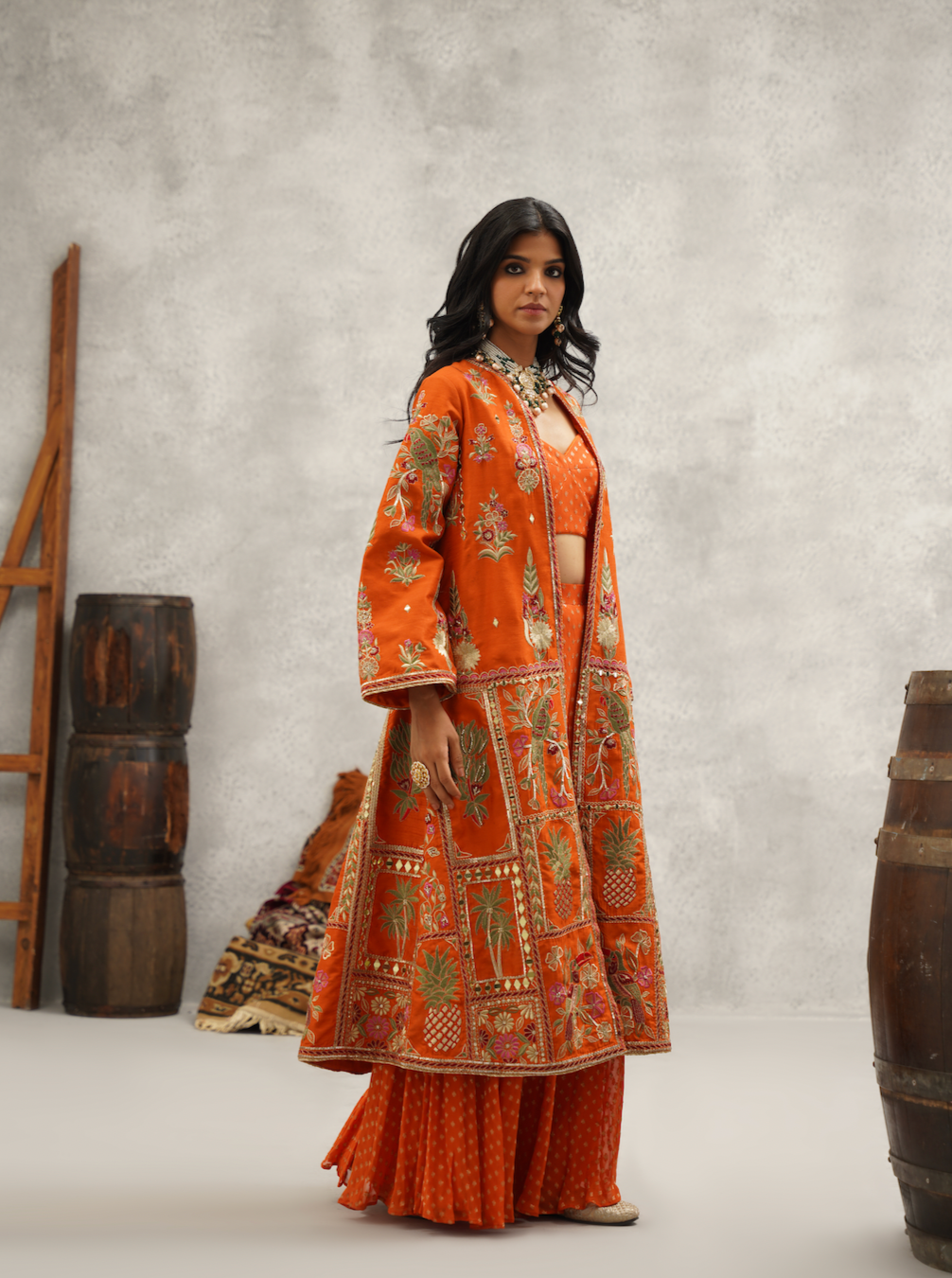 Orange Embroidered Jacket Crop Top and Sharara