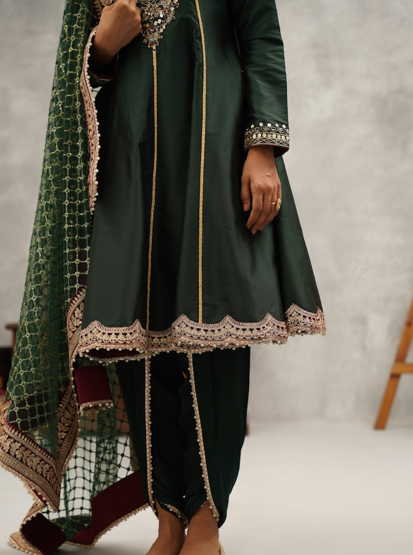 Bottle Green Anarkali and Dhoti Set