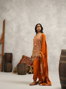 Rust orange embroidered kurti, dhoti and dupatta set