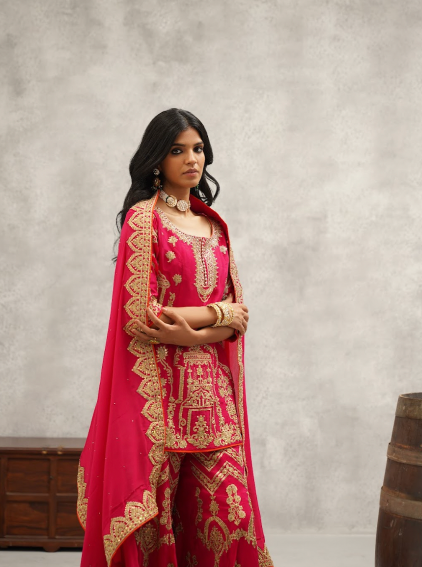 Fuschia Embroidered Kurti Sharara and Dupatta