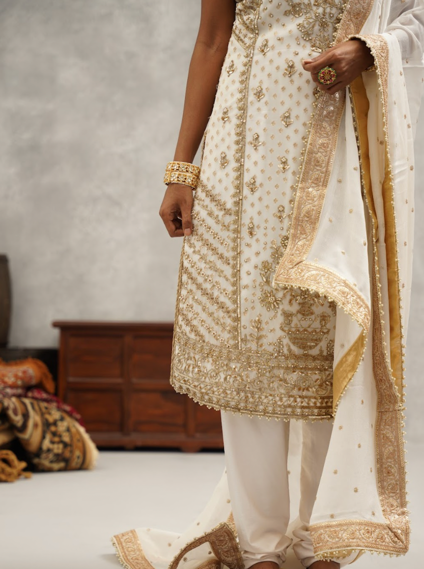 White Embroidered Kurti Churidar Set