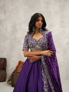 Purple embroidered blouse, lehenga and dupatta set