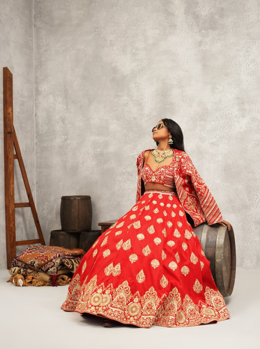 Red Embroidered Jacket Crop Top and Lehenga Set