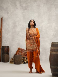 Rust orange embroidered kurti, dhoti and dupatta set