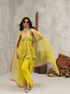 Lime green embroidered peplum, dhoti and dupatta set