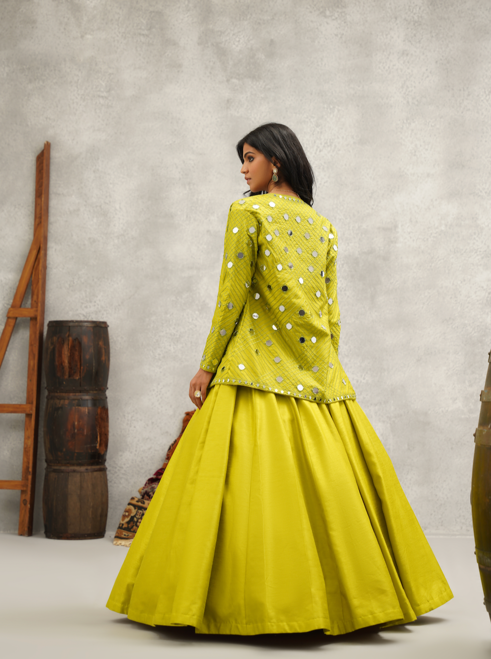 Lime Green mirror work blouse, jacket and lehenga set