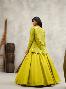 Lime Green mirror work blouse, jacket and lehenga set