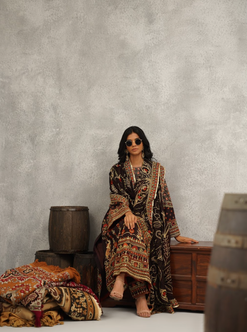 Brown Embroidered Kurti Dupatta and Pant