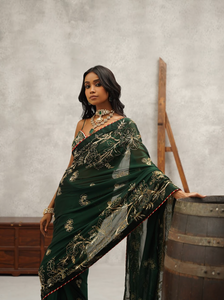 Bottle green embroidered saree and blouse set