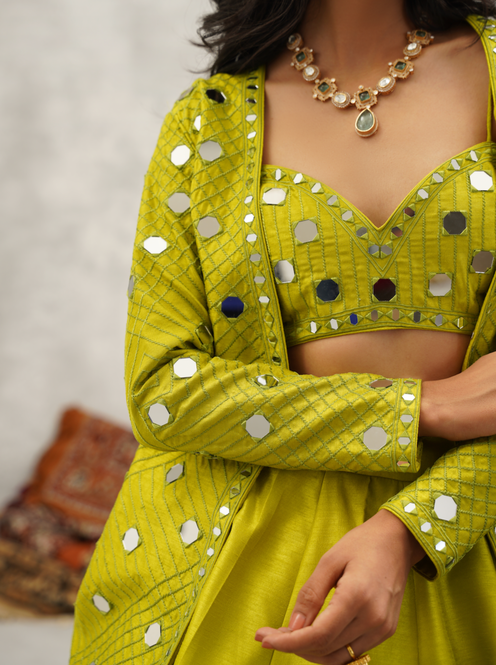 Lime Green mirror work blouse, jacket and lehenga set