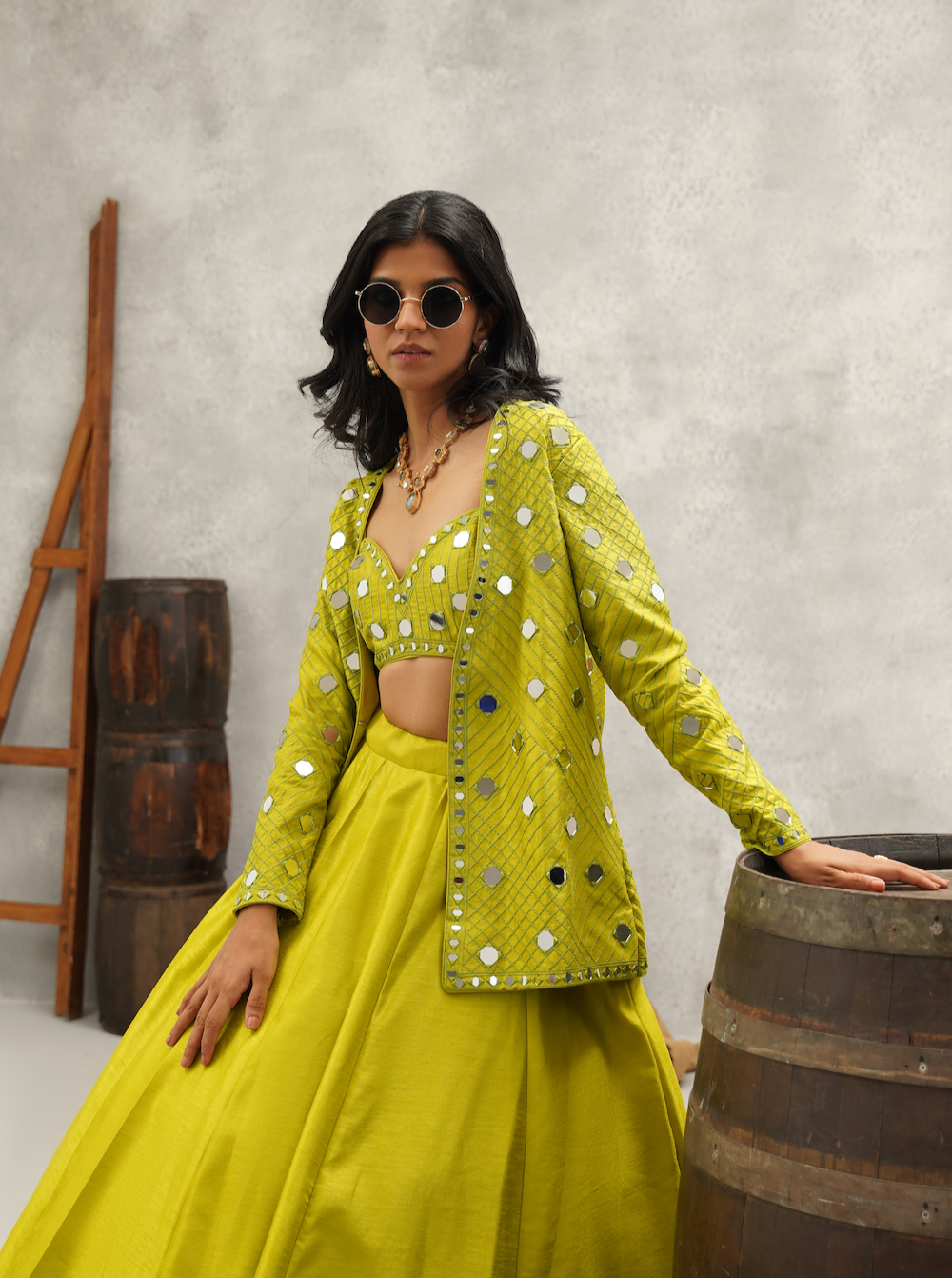 Lime Green mirror work blouse, jacket and lehenga set