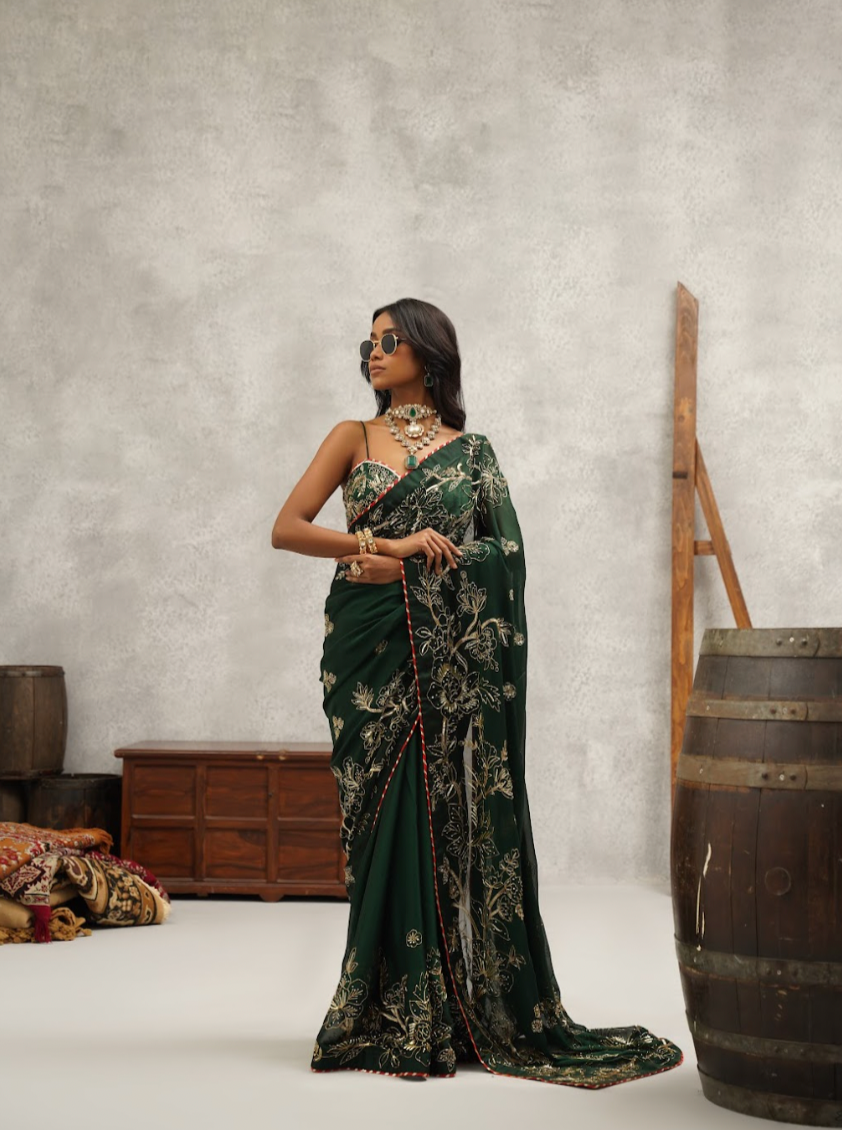 Bottle green embroidered saree and blouse set