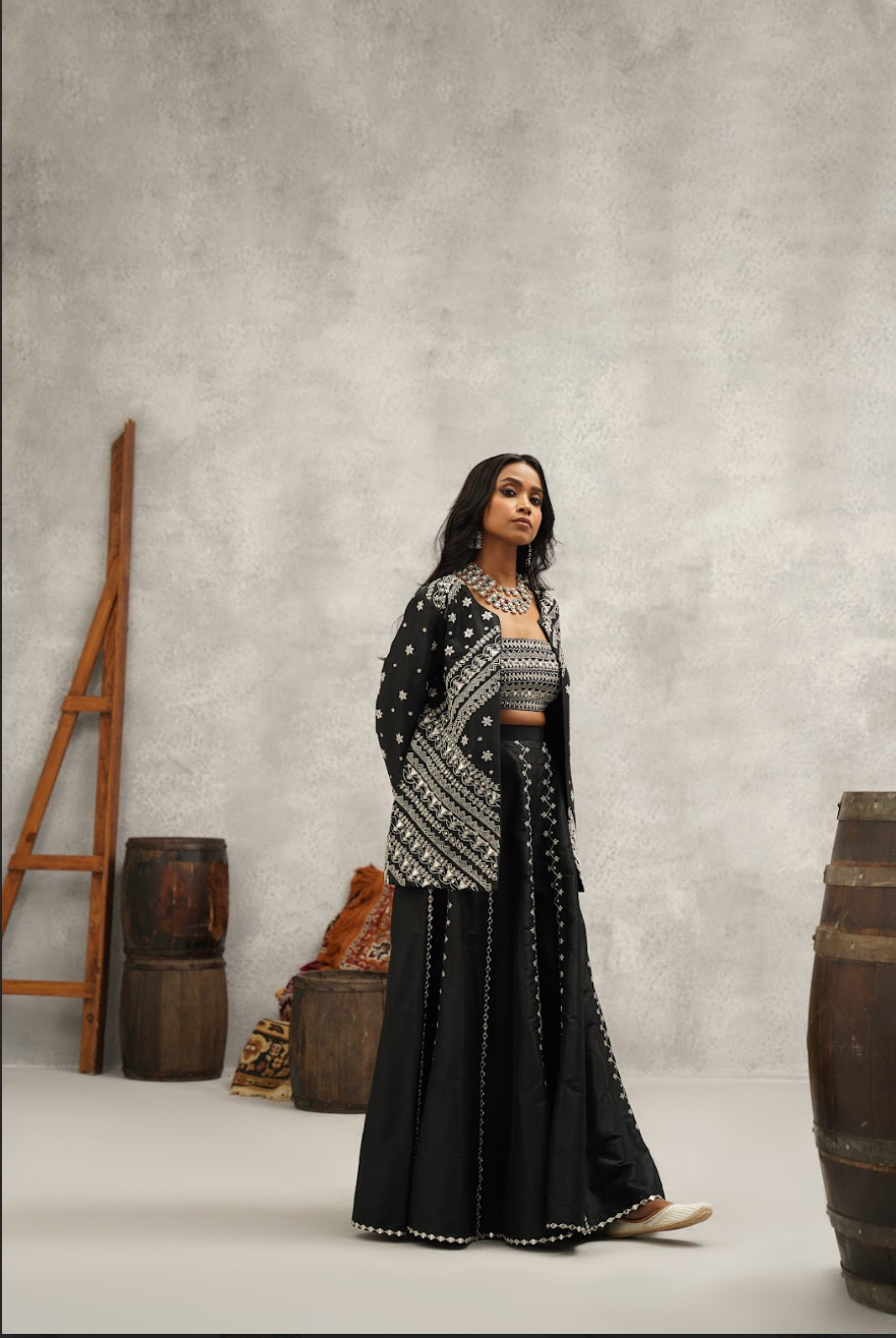 Black Embroidered Jacket, Crop Top and Sharara