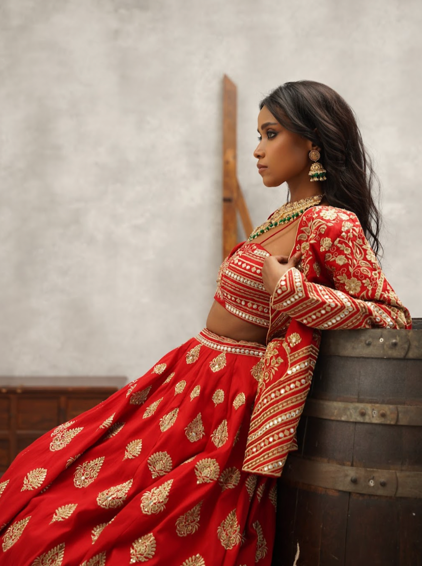 Red Embroidered Jacket Crop Top and Lehenga Set