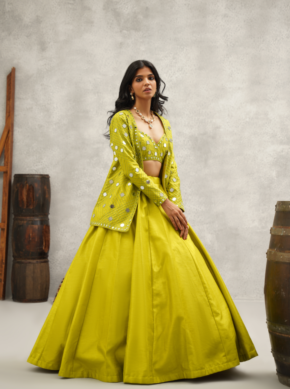 Lime Green mirror work blouse, jacket and lehenga set