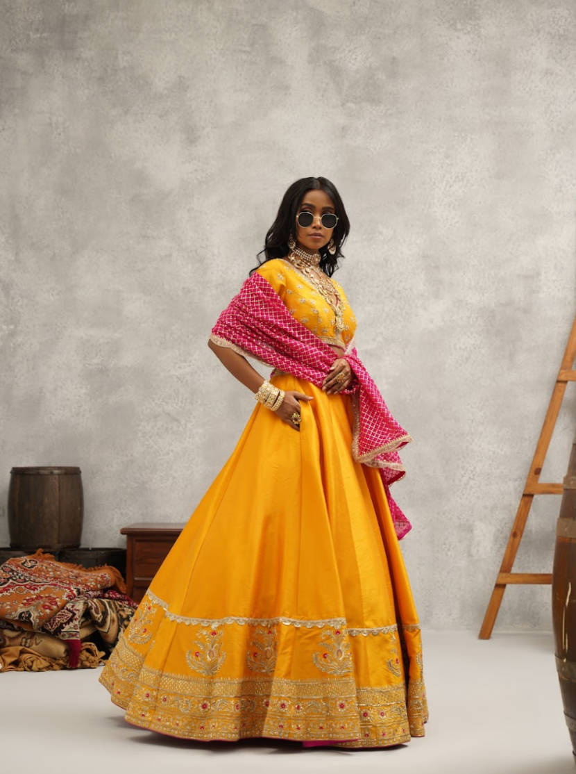 Mustard Embroidered Lehenga Choli Set