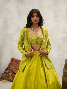 Lime Green mirror work blouse, jacket and lehenga set